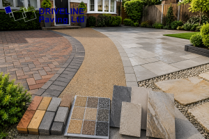 Different paving materials displayed outside a Chelmsford home, including block paving, resin, and stone slabs